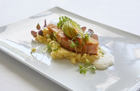 Nahaufnahme von einem Lachsgericht