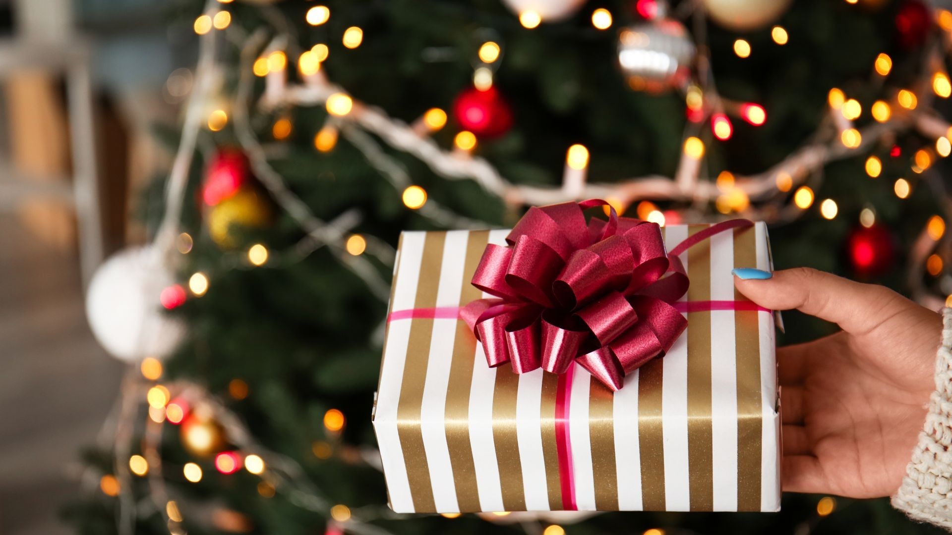 Weihnachtsgeschenk wird übergeben im Hintergrund steht der Weihnachtsbaum