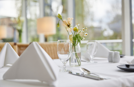 Nahaufnahme eines Tisches im Parkrestaurant Teil Palmengarten mit gedecktem Tisch