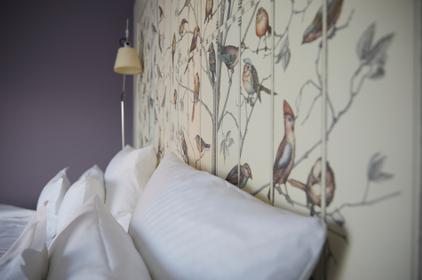 Die schöne Vogeltapete auf der Bettrückwand des Hotelzimmer Bettes