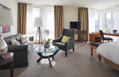 Wohnbereich mit Sofa und Sessel, im Hintergrund Fernseher und Schreibtisch vor den Fenstern