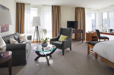 Wohnbereich mit Sofa und Sessel, im Hintergrund Fernseher und Schreibtisch vor den Fenstern